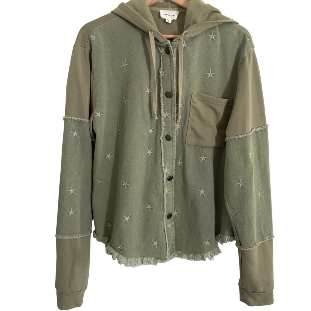 Star Embroidered Utility Jacket Hoodie Army Green Raw Hem Mixed Media Boho Y2K M